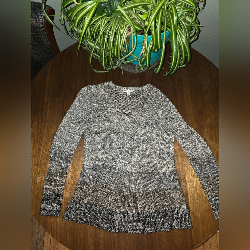 Coldwater Creek V-Neck Sweater - Black, Gray, and Cream, Size Large